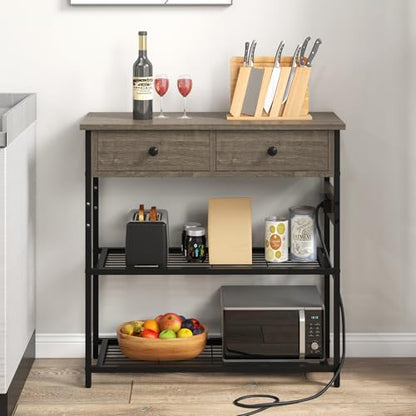 GIANTEX Industrial Console Table with Outlets, 3-Tier Narrow Entryway Table | Long Sofa Table w/ USB Ports, 2 Storage Drawers, Entry Table for Living Room, Hallway, Corridor, Behind Couch Use, Gray
