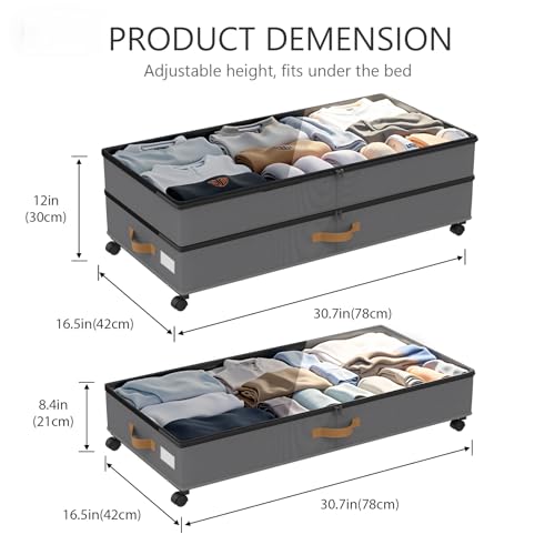 Under Bed Storage with Wheels 2-Pack, 75L XXL Under the Bed Storage Containers Large, 12" Tall Adjustable Storage for Underbed with Lids, Rolling for Clothes, Shoes, Blankets (Grey) - color: Grey