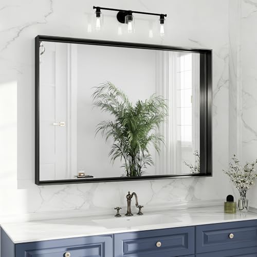 40x30 Black Bathroom Mirrors for Over Sink, Wall Mounted Bathroom Vanity Mirror, HD Distortion-Free Tempered Glass, Anti-Rust Brushed Matte Aluminum Alloy Frame, Horizontal or Vertical Hanging - size: 40"L x 30"W