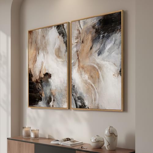 Large Framed Neutral Abstract Wall Art for Living Room, Set of 2 Brown Gray Black Modern Canvas Artwork for Walls, Luxury Watercolor Contemporary Painting Prints Wall Decor Hallway Office, 24x36 Inch - color: Black Neutral, size: 24" W x 36" H x 2Pcs