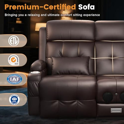 Home Theater Seating, 3 Seat Power Loveseat Recliner Sofa with Heat Massage | Wall Hugger Reclining Loveseat with USB, RV Couch with LED Lights, Flip Backrest, Cup Holders for Movie Theater, Gaming Room - color: Brown, size: 92" - 3 Seats