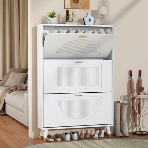 Shoe Cabinet Storage for Entryway: 32" White Slim Shoe Storage Cabinet with 3 Flip Drawers, Narrow Hidden Shoes Storage, Wood Shoes Organizer Cabinets for Hallway (1, 3-Drawers) - size: 3-Drawers