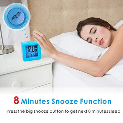 Plumeet Digital Alarm Clock Kids with Snooze and Nightlight - Easy Setting Silicone Clock Display Time, Date - Loud for Bedroom - Battery Powered (Blue) - color: Light Blue