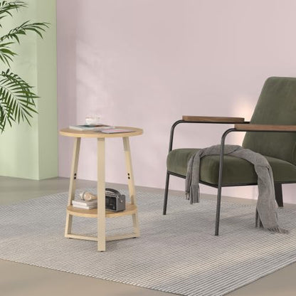 sthmec Small Round End Table, 2 Tier Side Table with Storage Shlef,Coffee Table Wooden Tabletop & Metal Frame,Round Accent Table Small Nightstands Couch Tables for Bedroom,Livingroom, Natural - color: Natural