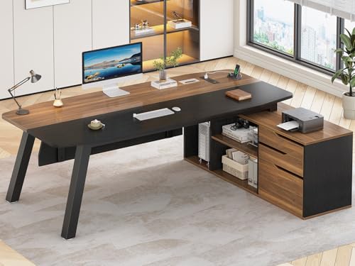 SEDETA 71" L Shaped Executive Desk with File Cabinet & Power Outlet | Computer Desk with 3 Storage Drawers, Adjustable Shelves, CPU Stand, Privacy Baffle, Modern Desk for Home Office, Walnut - color: Walnut