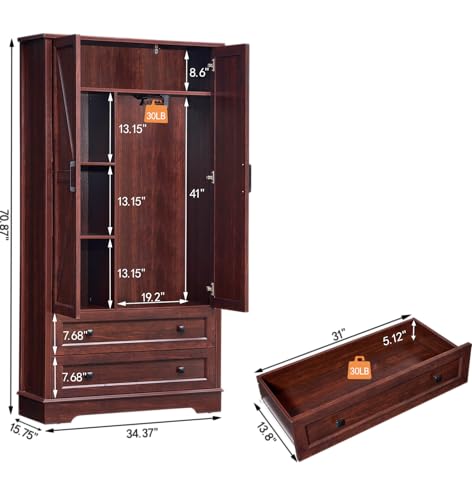 SOOWERY Farmhouse Dresser for Bedroom, Tall Chest of Drawers, Dark Cherry | 2-Drawer Wood Dresser, Barn Door Style Storage Cabinet, Multiple Storage Options, 71" Height - color: Dark Cherry, size: 15.8"D x 34.4"W x 70.9"H (2 Drawers)