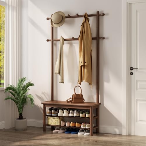 AQIMUELE Coat Rack with Shoe Storage, Wooden Hall Tree with Bench, 11 Hooks and 2-Tier Storage Shelves, 3-in-1, Entryway Bench with Coat Rack (31.5"-Walnut) - color: Walnut, size: 31.5"