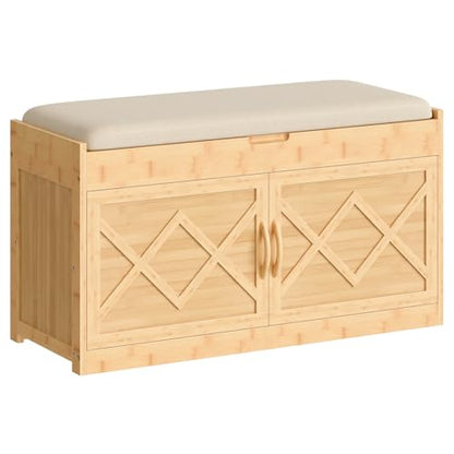 HOOBRO Shoe Bench, Shoe Storage Bench with Cushion, Bamboo Entryway Bench with Hidden Compartment, Storage Bench with Lift Top and 2 Door, for Living Room, Bedroom, Hallway, Beige and Natural YE60HX01