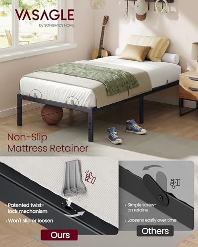 VASAGLE Twin Metal Bed Frame 14 Inches Tall, 550 lb Weight Capacity, No Box Spring Needed, with Under-Bed Storage, Easy Setup, Heavy-Duty Platform Bed, Mattress Retainers, Matte Black URMB653BD02S - size: Twin, style: 14 Inch