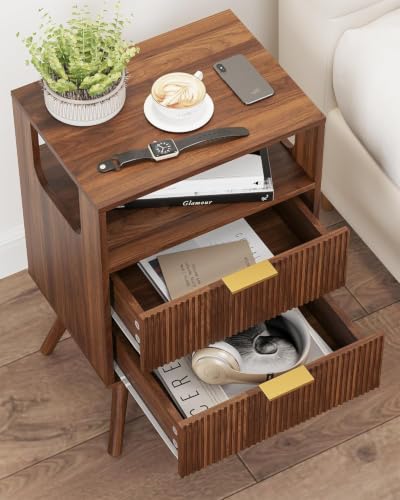 Leomonio Nightstand, Modern Night Stand with 2 Storage Drawer and Opening Storage, Fluted Bedside Table with Solid Wood Legs for Bedroom - color: Walnut Brown