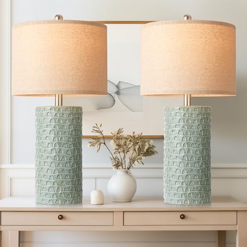 23" Modern Ceramic Table Lamp Set of 2, Table Lamps for Living Room, Rustic Farmhouse Bedside Lamps Nightstand lamp for Bedroom, Desk Lamp for End Table Home Decor Light Green - color: Light Green