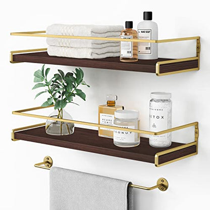 Floating Shelves Bathroom Shelves Over Toilet Set of 2, Bathroom Wall Shelves with Towel Bar, Wall Mounted Vanity Shelf for Bedroom, Kids Room, Kitchen (Brown & Gold) - color: 4. Brown-gold