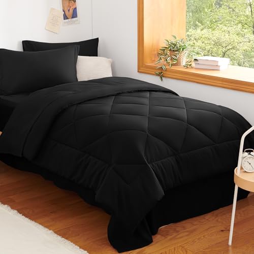 Twin Comforter Set Black - 5 Pieces Complete Bedding Set | OEKO-TEX Certified, All Season, Teen, Single, Dorm, 240GSM Down-Alternative Comforter, Sheets, Pillowcase & Sham, Easy Care - color: Black, size: Twin