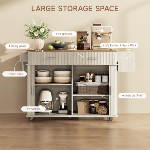 56" Kitchen Island on Wheels with Drop Leaf Countertop, Large Mobile Island Table with 2 Drawers and Spice Rack and Tower Rack, Mid-Century Modern Island Cart w/Storage for Kitchen, Off White - color: Off White