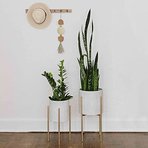 Main + Mesa Modern Boho Embossed Metal Planters with Stands, White and Gold, Set of 2 Sizes - color: Light Grey With Gold Stand