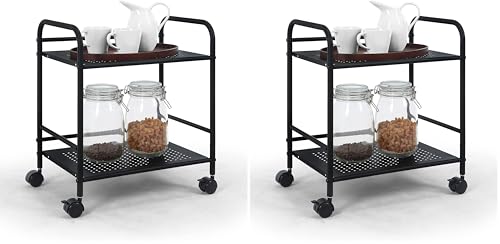 SunnyPoint 2-Tier Metal Rolling Utility Cart – Mobile Storage Shelf with Caster Wheels – Small Space Organizer for Home, Office, Bedroom, Kitchen (BLK) (Pack of 2) - color: Blk, size: 12" x 16.93" x 19.49" (Pack of 2)
