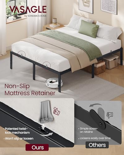 VASAGLE Queen Metal Bed Frame 16 Inches Tall, 1100 lb Weight Capacity, No Box Spring Needed, with Under-Bed Storage, Easy Setup, Heavy-Duty Platform Bed, Mattress Retainers, Matte Black URMB661BD02S - size: Queen, style: 16 Inch
