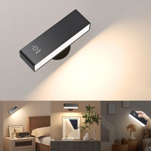 YiLaie LED Magnetic Wall Sconce Lights, Wall Mounted Lamp with 4000 mAh Battery Operated Wall Sconce, Touch Controls & Brightness Adjustment, USB Port, 360° Rotate Wall Lamps for Bedroom, Black - color: Black, size: 1Pack-Touch Control