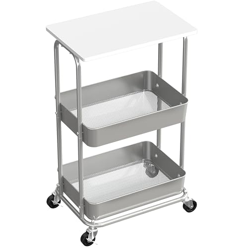 Simple Houseware 2-Tier Rolling Utility Cart Wood Top/Lockable Wheel, White | Metal Storage Organizer Trolley for Kitchen, Bathroom, Office, Craft Room - color: White