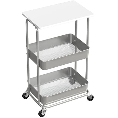 Simple Houseware 2-Tier Rolling Utility Cart Wood Top/Lockable Wheel, White | Metal Storage Organizer Trolley for Kitchen, Bathroom, Office, Craft Room - color: White