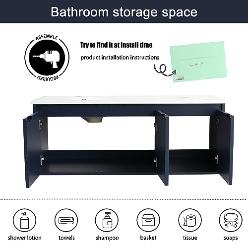 Malwee 48 Inch Floating Bathroom Vanity with Waterdrop Resin Sink, 3 Doors, Navy Blue
