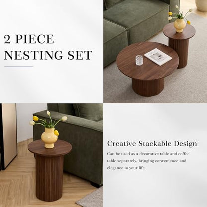 Round Nesting Coffee Table Set of 2 Mid Century Modern Wood Round Coffee Tables with Flexible Small Boho Circle Side Table for Space Saving Living Room Comedor Home Office Bedroom(Brown) - color: 2pcs Brown
