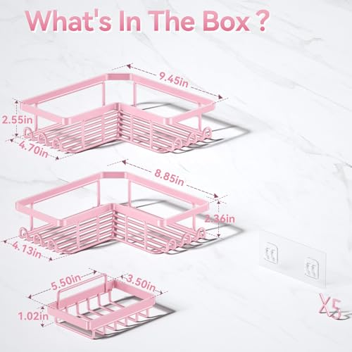 Corner Adhesive Shower Caddy, with Soap Holder and 12 Hooks, Rustproof Stainless Steel Bathroom Organizer, No Drilling Wall Mounted Rack, Pink, 3-Pack - color: Pink