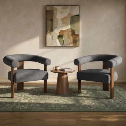 VKNOW Barrel Accent Chair, Vanity Chair with Armrests and Walnut Wood Legs | Mid Century Modern Upholstered Living Room Chairs with Open Back, Faux Mohair Fabric, for Living Room, Bedroom, Charcoal - color: Charcoal(walnut Legs), size: Set of 1