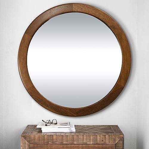 Round Mirror 36 Inch,Wood Rustic Bathroom Wall Mirror with Walnut Frame | Tempered Farmhouse Wooden Vanity Circle Mirrors for Living Room,Entryway or Bedroom（Walnut Brown） - color: Walnut Brown, size: 36"L x 36"W