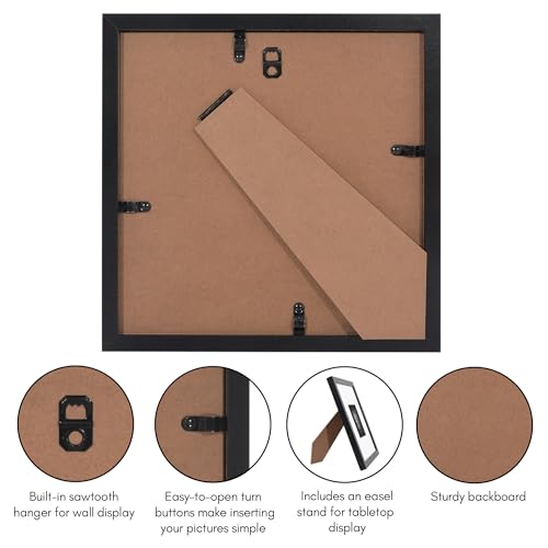 Americanflat 8x8 Picture Frame 6-Pack - Matted to 4x4 - Black | Engineered Wood construction, Shatter-resistant glass, wall or tabletop display with included easel, secure turn-tab backing - color: Black, size: 8X8, style: 6 Pack