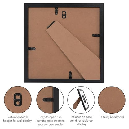 Americanflat 8x8 Picture Frame 6-Pack - Matted to 4x4 - Black | Engineered Wood construction, Shatter-resistant glass, wall or tabletop display with included easel, secure turn-tab backing - color: Black, size: 8X8, style: 6 Pack