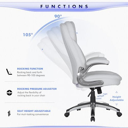 COLAMY Executive Office Chair-Ergonomic Computer Desk Chair, High Back Leather Chair with Padded Flip-up Arms, Swivel Home Office Chair Upgraded Caster, White - color: White, size: set of 1