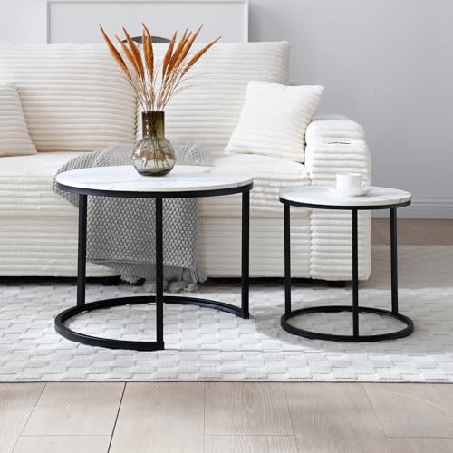 24" Marble Pattern Accent Side Table, Modern Nesting Side Tables with Metal Frame, Space-Saving Nesting Coffee Table Set for Living Room Apartment, White - color: White