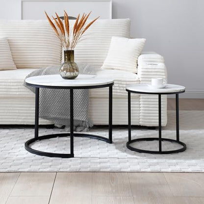 White Nesting Coffee Tables Set of 2, 23.6" Round Marble Pattern Top with Black Metal Frame, Modern Accent Side Tables for Living Room, Bedroom, Apartment - color: White,black