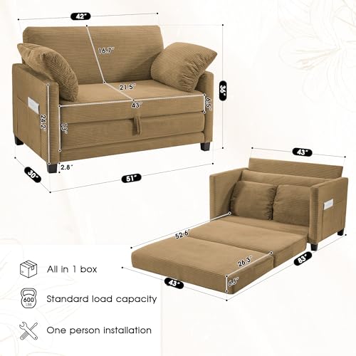 Myroyalsit 51" Convertible Loveseat Sofa Bed, 2-in-1 Folding Sofa Bed with 2 Pillow for Small Spaces, Modern Loveseat Sleeper Couch for Apartment, Living Room & Guest Room (Brown Corduroy, 51 inch) - color: Brown, size: 51"