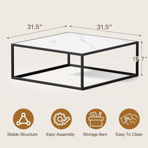 31.5" Square Coffee Table, Mid-Century Modern White Center Table for Living Room, Floor Table for Sitting on The Floor, Wood Cocktail Tea Contemporary Tables with Metal Frame for Office Apartment Home - color: 31.5"d Square White