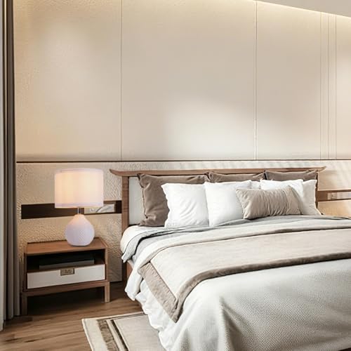 SOTTAE 12'' White Ceramic Table Lamp, Leaf Patterned Ceramic Desk Lamp Small Bedside Lamp with Linen Shade, Mid Century Modern Nightstand Lamp for Bedroom Living Room Reading Room