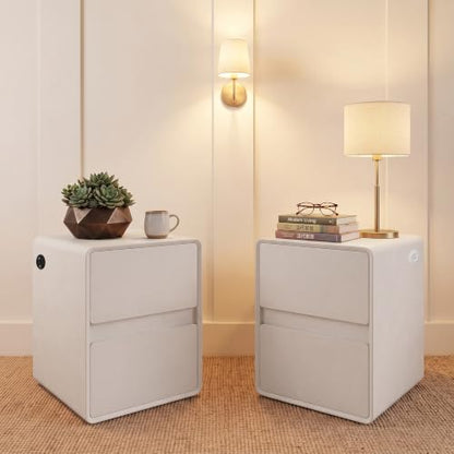 Modern Leather Nightstands Set of 2, Solid Wood Bedside Table with 2 Drawers & USB Charging Station, Preassembled End Table Small Nightstand for Bedroom Living Room Office, White - color: White, size: 16"