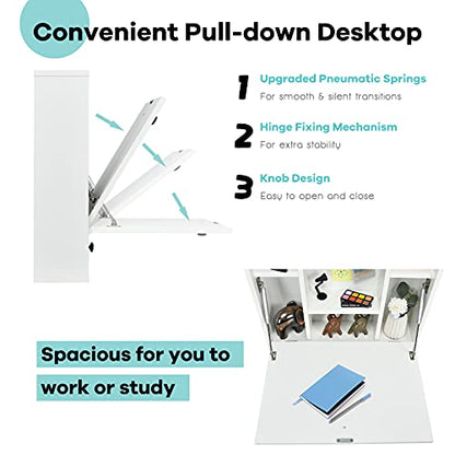 Tangkula Wall Mounted Desk, Pneumatic Floating Laptop Desk with Magnetic Foldable Tabletop, Space Saving Wall Mounted Table Wall Desk with Storage Drawer and Shelves (White) - color: White