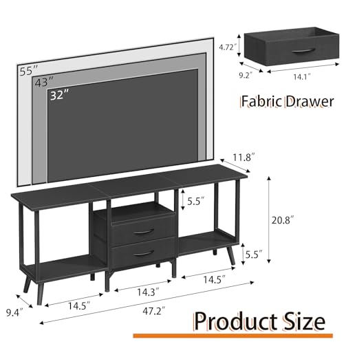 GYIIYUO Small TV Stand with Fabric Drawers/LED Light for 55 inch TV,Black | Entertainment Center with Storage Open Shelves，Media Console Table for living room, bedroom