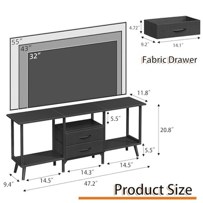 GYIIYUO Small TV Stand with Fabric Drawers/LED Light for 55 inch TV,Black | Entertainment Center with Storage Open Shelves，Media Console Table for living room, bedroom