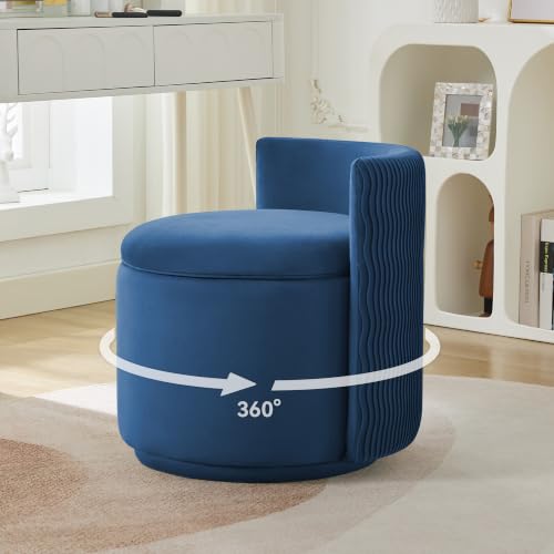 Large Velvet Vanity Chair, 360° Swivel Makeup Chair with Storage, Blue | Modern Wide Vanity Stool with Wave Back, No Assembly Barrel Upholstered Closet Stool for Bedroom, Dressing Room, Living Room - color: Blue, size: Large