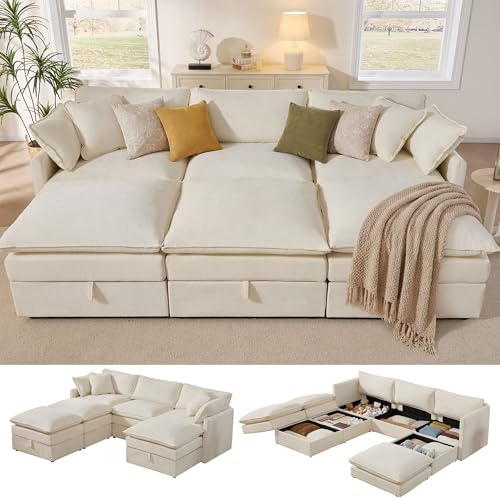 Ihanherry Oversized Sectional Sofa Bed with Storage, 103" 6-Seater Modular Cloud Couch with Movable Ottomans, Chenille Deep Seat Sleeper Couches for Living Room (Beige) - color: Beige, size: 103" Sofa Bed