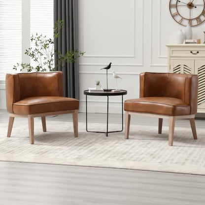 Modern Barrel Accent Chair Set of 2，Mid Century Faux Leather Armless Side Chair Upholstered Comfy Reading Chair with Solid Wooden Frame for Living Room/Bedroom, Brown - color: Brown, size: 2PCS