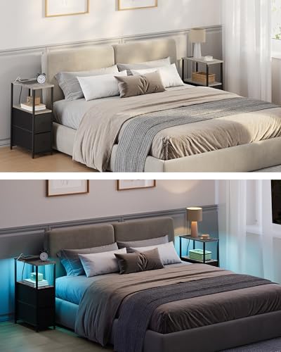 TUTOTAK Narrow LED End Table with Charging Station, Skinny Side Table | Bedside Table with Outlets, Nightstand with 2 Cloth Drawers, Couch Table for Living Room, Bedroom, Greig TB01BG056 - color: Greige, style: 2 Drawers with Plug & Light