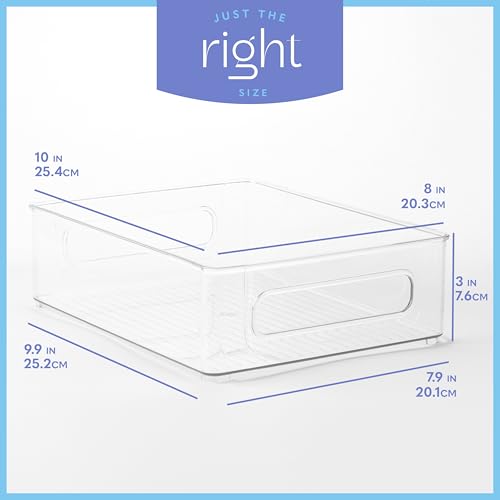 Plastic Food Storage 4 Pack Clear Container Bin with Handles for Organizing Kitchen, Pantry, Refrigerator, Freezer, Pantry, Cabinet, Closet, Bathroom. Stackable 10”x8”x3” - size: 10x8x3