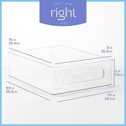 Plastic Food Storage 4 Pack Clear Container Bin with Handles for Organizing Kitchen, Pantry, Refrigerator, Freezer, Pantry, Cabinet, Closet, Bathroom. Stackable 10”x8”x3” - size: 10x8x3