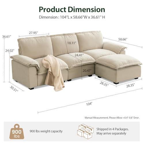HALLYBEE Cloud Couch Sectional Modular Sofa for Living Room Ivory Beige | Modular Sectional Cloud Couch with Movable Ottoman, L-Shaped, 3-Seater, Chenille Fabric, Removable Cushion Covers, Apartment - color: Ivory Beige