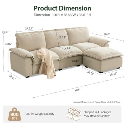 HALLYBEE Cloud Couch Sectional Modular Sofa for Living Room Ivory Beige | Modular Sectional Cloud Couch with Movable Ottoman, L-Shaped, 3-Seater, Chenille Fabric, Removable Cushion Covers, Apartment - color: Ivory Beige