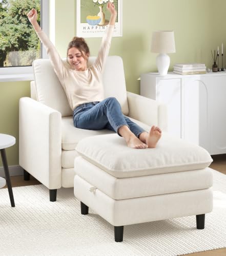 Welzona 3-Layers Cloud Accent Chair with Ottoman, 33" Teddy Reading Chair | Comfy Teddy Fabric, Washable Covers, Tool-Free Setup, All-wood Arm Chair and Ottoman Sets for Living Room, Bedroom, Beige - color: Beige, size: cloud chair & ottoman